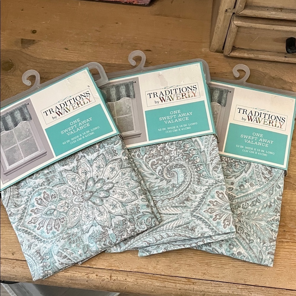 Three 3 Traditions by Waverly Swept Away Valances NWT Aqua 52” x 16”